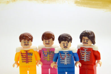 The Beatles Lego minifigure created by Bloom Design, John Lennon, Paul McCartney, Ringo Starr, George Harrison